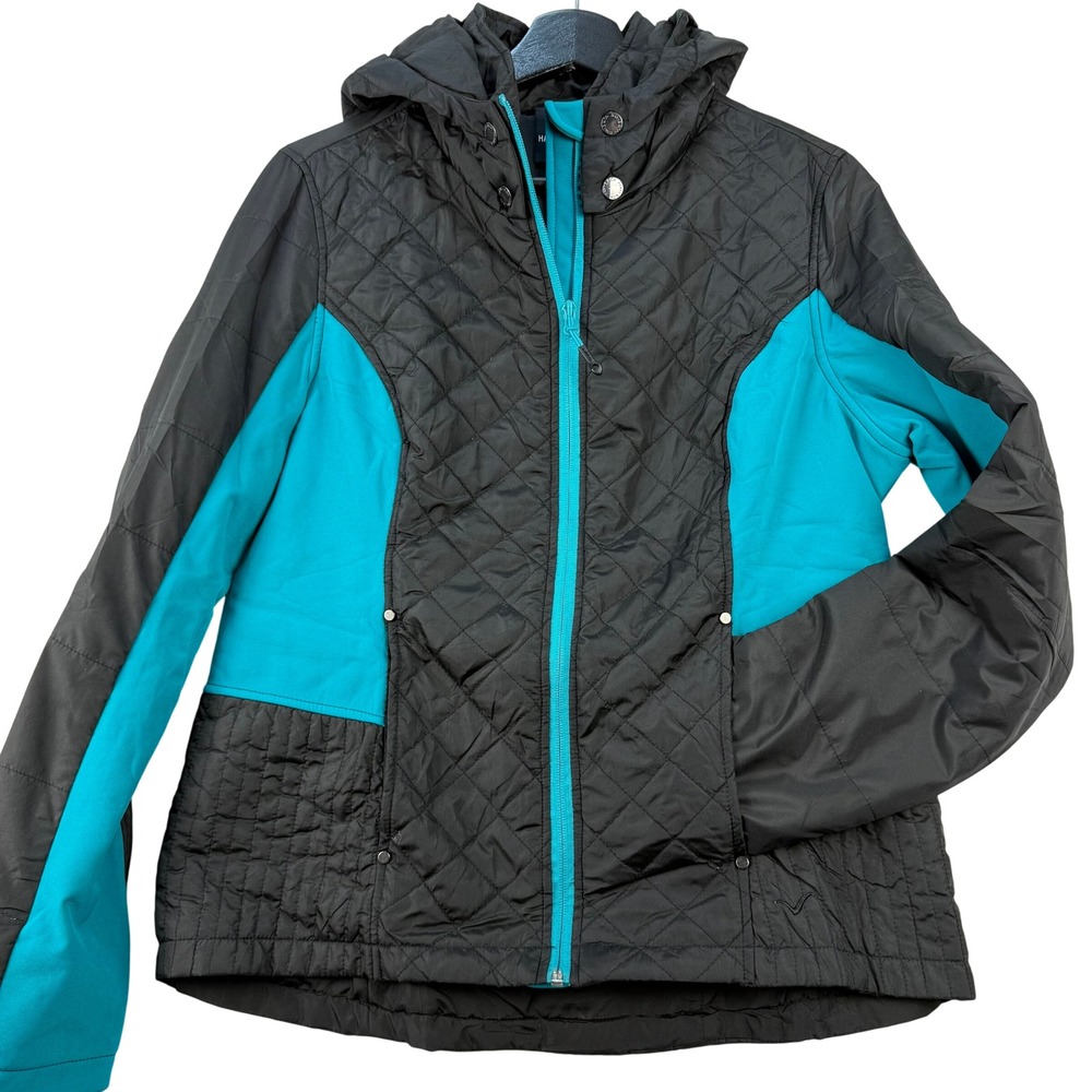 Hawke & Co Sport Womens Black Turquoise Quilted Hooded Jacket‎ Size Large